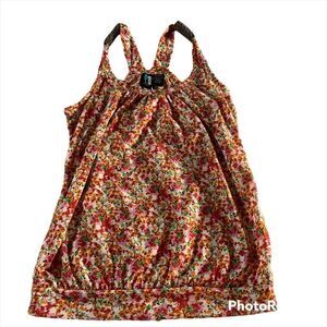 Weavers floral tank orange, pink green with wood details on straps size small